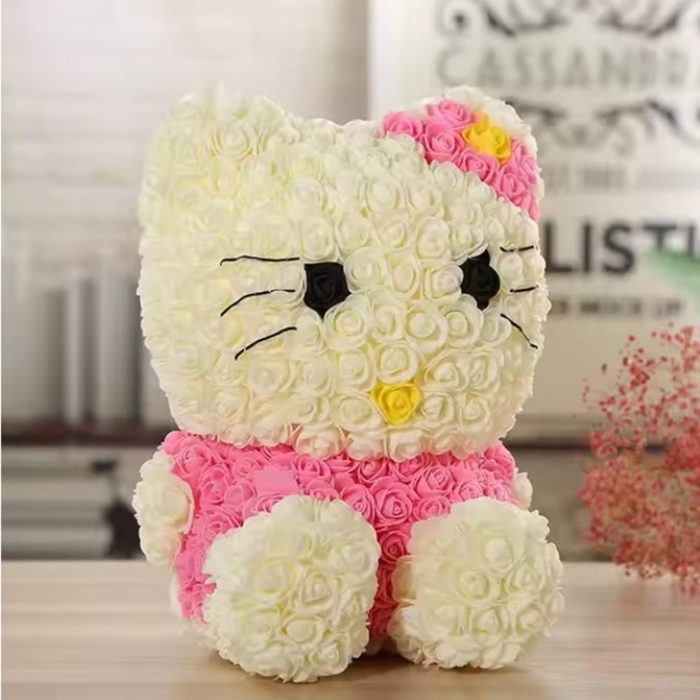 Floral Kitty Plush with Pink and Cream Roses